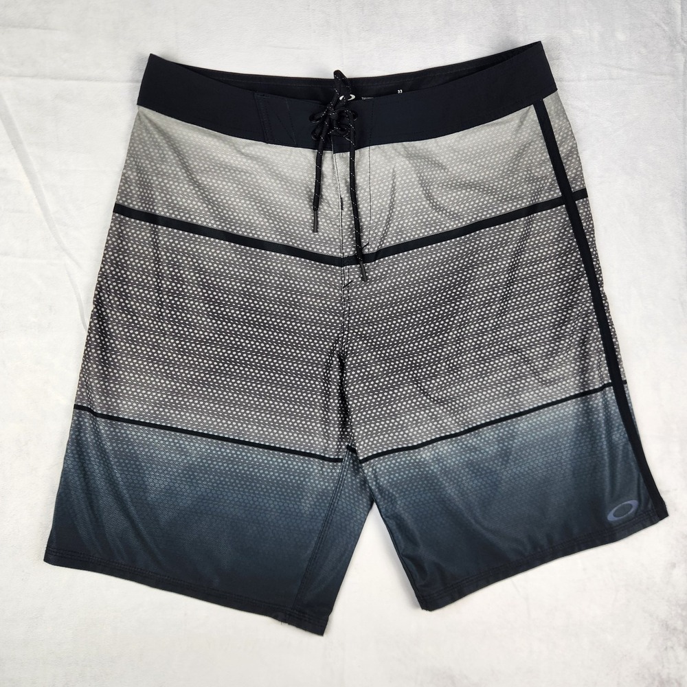 Oakley Board Shorts Mens 33 Gray Black Geometric Swim Trunks Mesh‎ Linerless